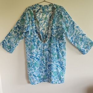 Blue Island, Blouse, Women's Size S, Beach cover, Tropical Tunic